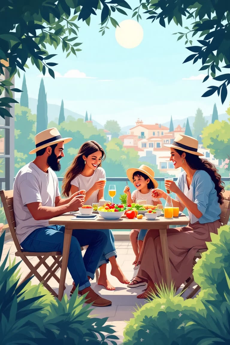 A happy family eating a healthy meal together outside